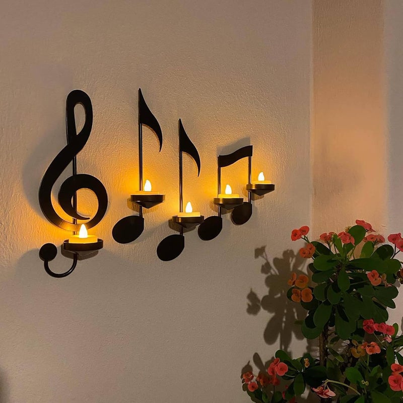 MANMAOHE Black Music Note Wall Sconce Metal Wall Sconce Candle Holder Set of 4 Wall Mount Tea Light Candle Holders Musical Symbol Candle Holder Rack for Home Office Classroom - Image 3
